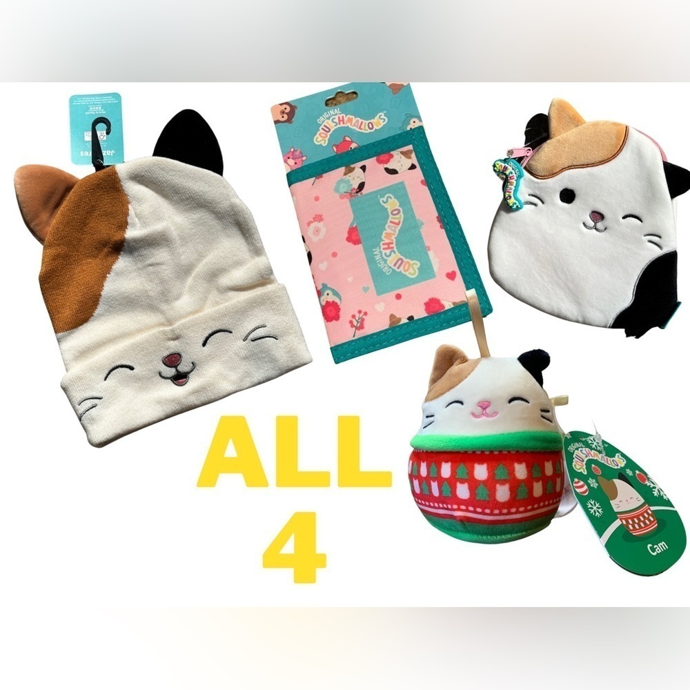 NEW! 4pc Cam Squishmallows Bundle: Ornament, Beanie, Wallet, and Zipper Pouch!!